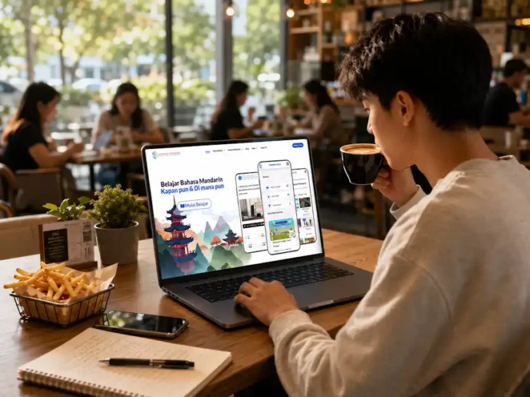 Belajar bahasa mandarin di Harmony Mandarin kapan pun di mana pun, bisa sambil ngopi di cafe